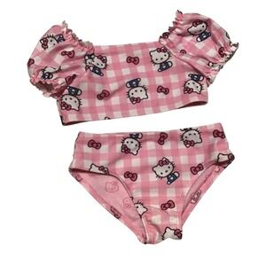 Hello Kitty Pink Gingham Puffy Sleeve Bikini Set Toddler Girls 4T Sanrio Swim